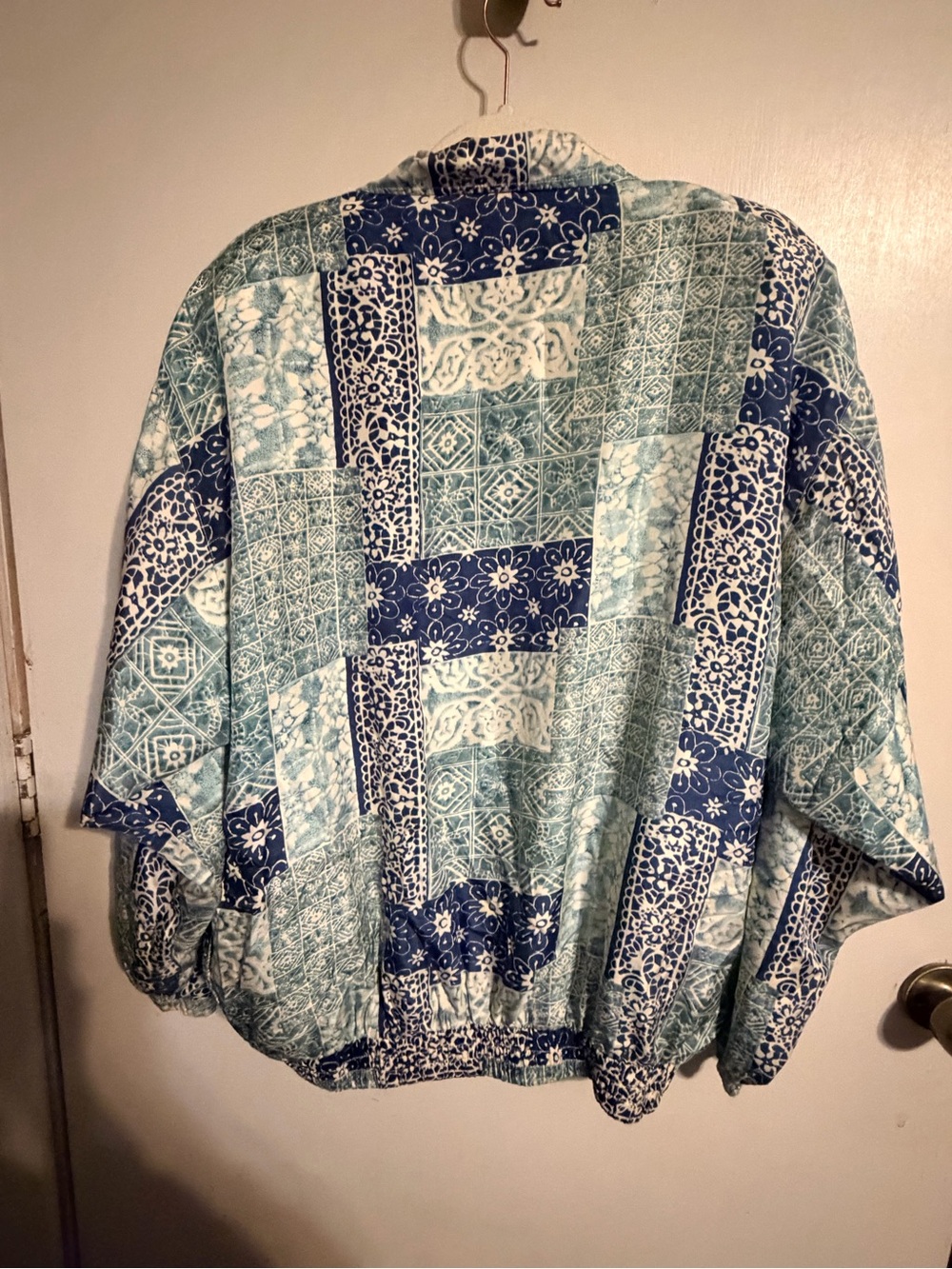 Vintage Oleg Cassini 100% Silk Patchwork Bomber Jacket Blue Teal Zip Medium - Picture 10 of 12